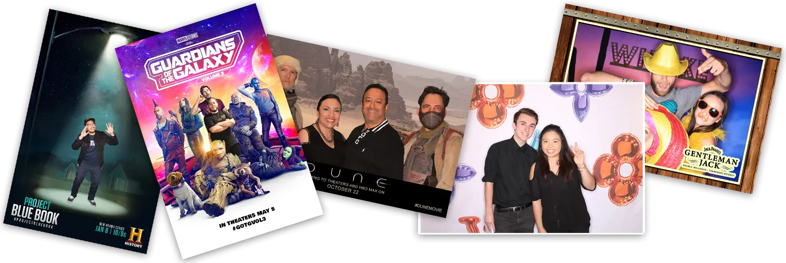 Collage of people posing at various themed corporate photo booth activations.