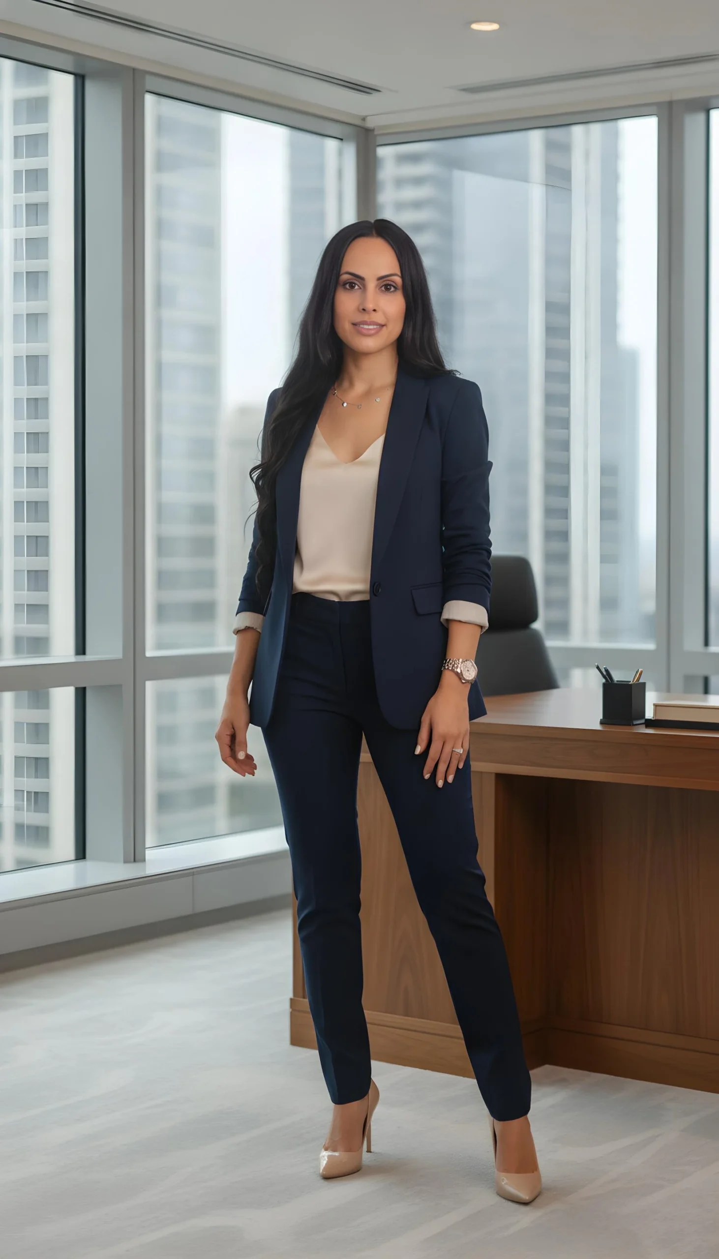 Woman in a navy business suit standing inside a modern office